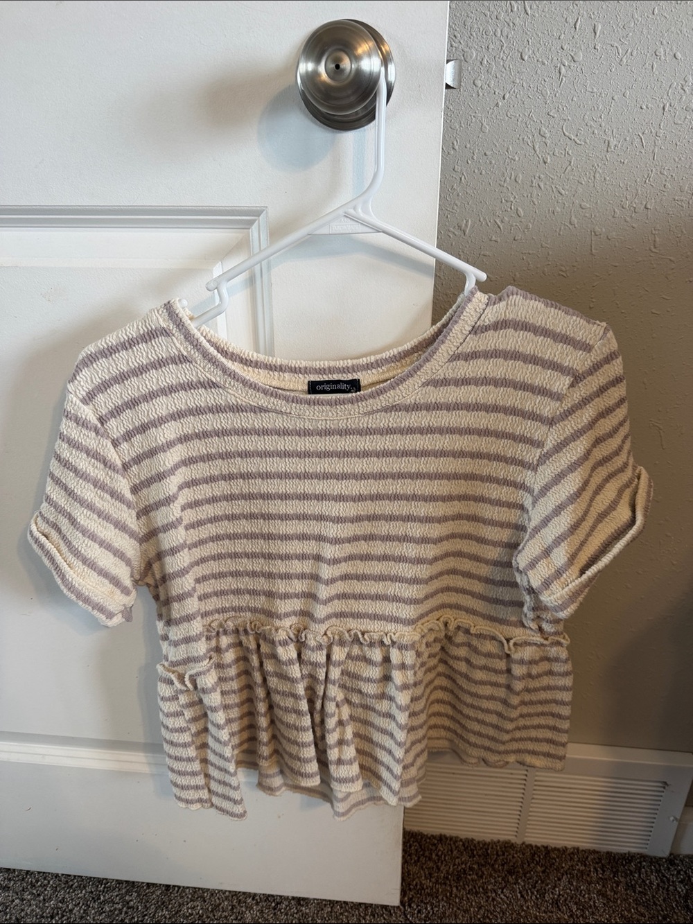 Striped Peplum Crop Top in Cream and Light Lavender